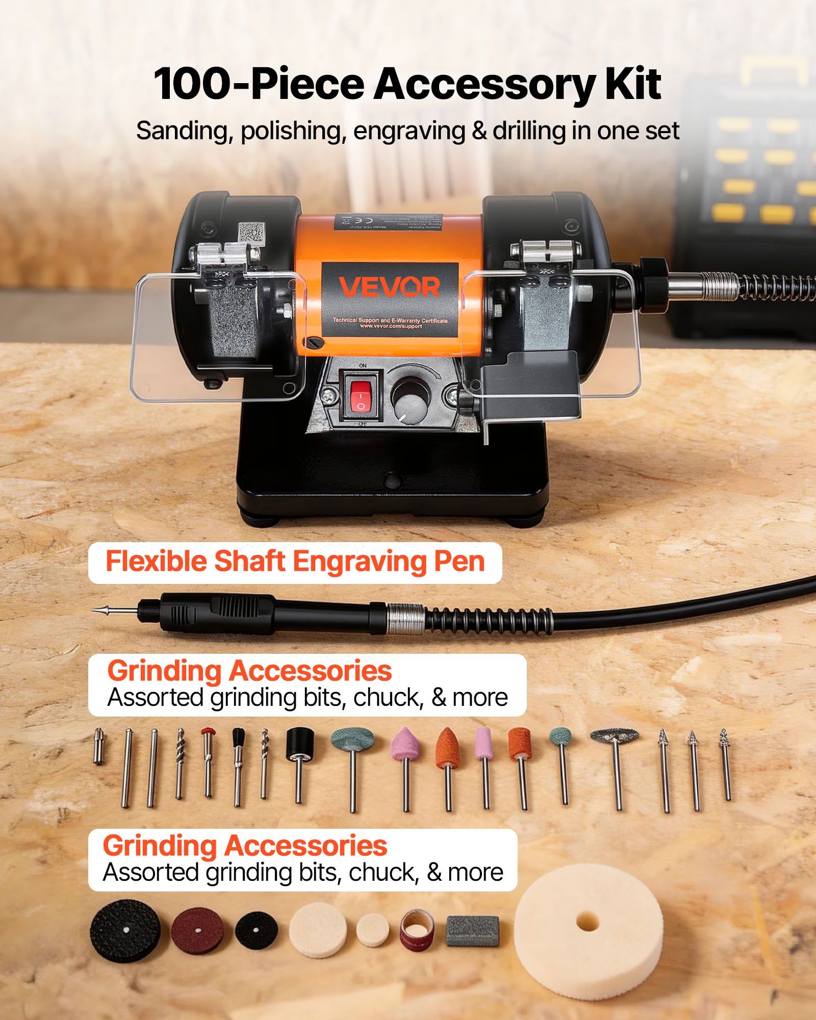Bench Buffer Polisher with Variable Speed, 100-Piece Accessory Kit 3 Bench Buffer Polisher with Variable Speed, 100-Piece Accessory Kit - Image 3