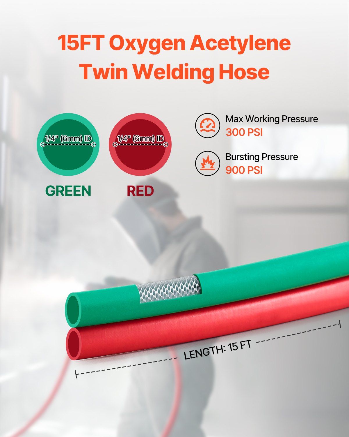 Oxygen Acetylene Twin Hose 15FT 1/4-Inch 300PSI 2 Oxygen Acetylene Twin Hose 15FT 1/4-Inch 300PSI - Image 2