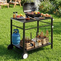 Alternative view of Weisshorn BBQ Camp Party Table, Garden Backyard Outdoor Cart Stainless Steel Prep Table Mobile Kitchen Trolley Heavy Duty with Wheels Tank Holder Hooks, Black