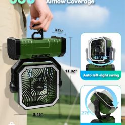 Alternative view of 20000mAh Portable Camping Fan, Rechargeable Battery Operated Oscillating Camp Tent Fan W/Remote control, 4 Speeds, LED lights & 360° Rotation Hook for Outdoor RV Travel Green