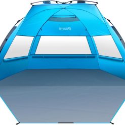 OutdoorMaster Pop Up 3-4 Person Beach Tent X-Large - Easy Setup, Portable Beach Shade Canopy Folding Sun Shelter with UPF 50+ UV Protection Removable Skylight Family Size (Blue)