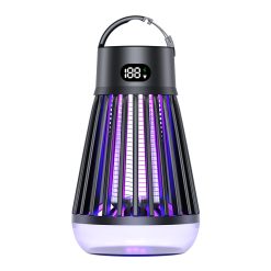 2-in-1 Rechargeable Mosquito Zapper & Camping Lantern - 2000V Electric Insect Killer with Smart Digital Display - 2000mAh Battery Portable Bug Trap for Outdoor Tent Patio & Home - IPX5 Waterproof - Black