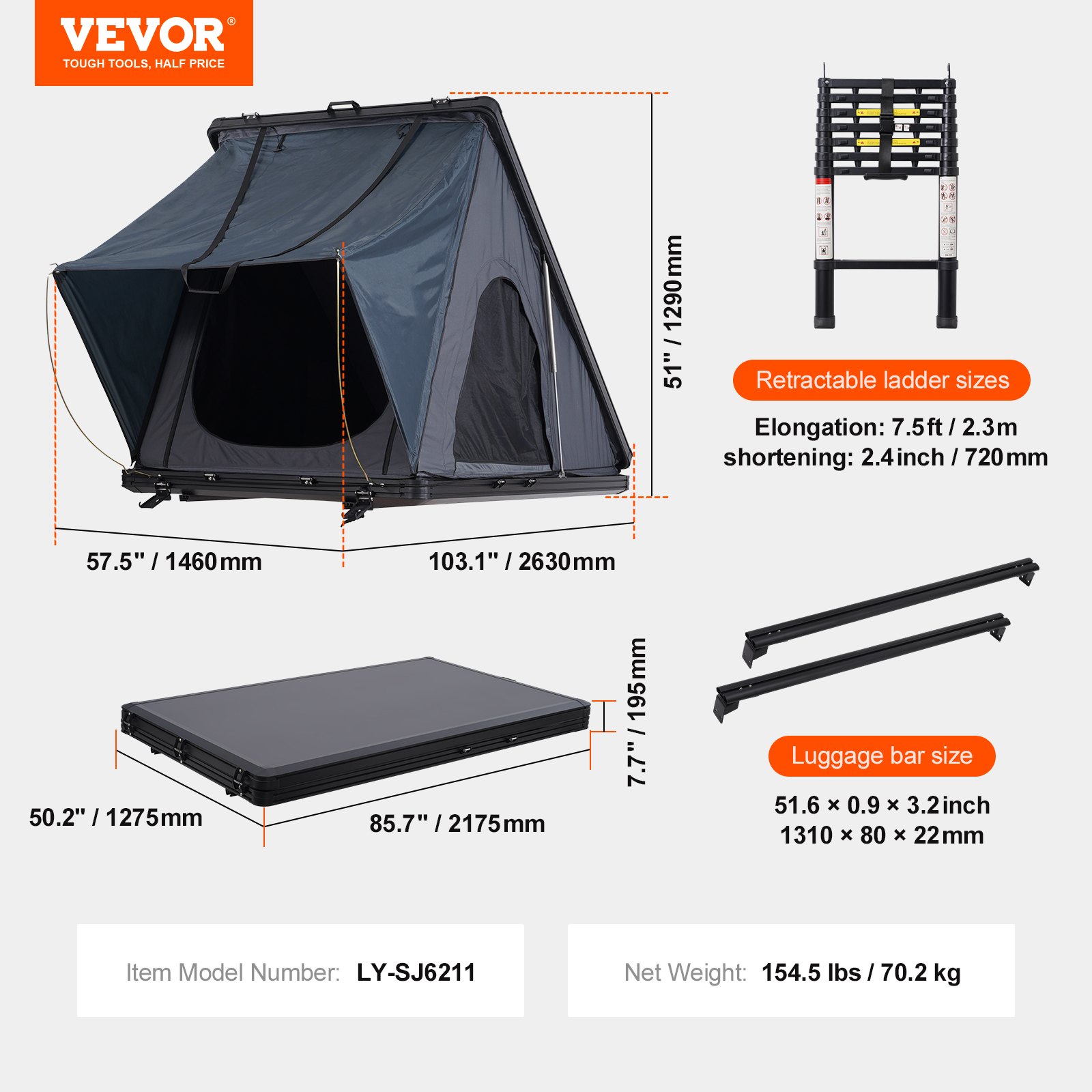 Rooftop Tent Hard Shell 2-3 Person Waterproof for Jeep SUV Truck w/ Ladder 7 Rooftop Tent Hard Shell 2-3 Person Waterproof for Jeep SUV Truck w/ Ladder - Image 7