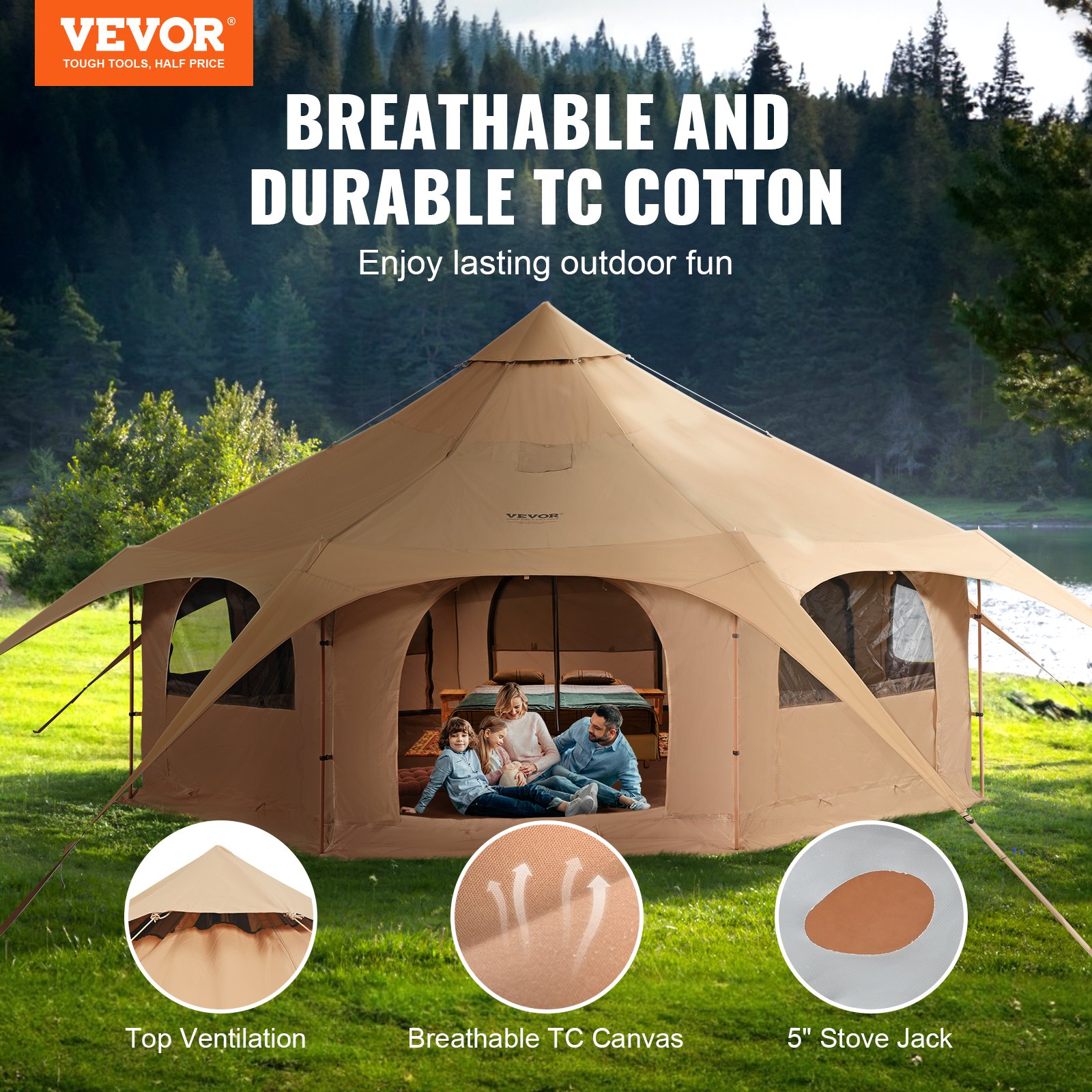 Canvas Tent 4 Seasons 5 m/16.4 ft Bell Tent for Camping with Stove Jack 2 Canvas Tent 4 Seasons 5 m/16.4 ft Bell Tent for Camping with Stove Jack - Image 2