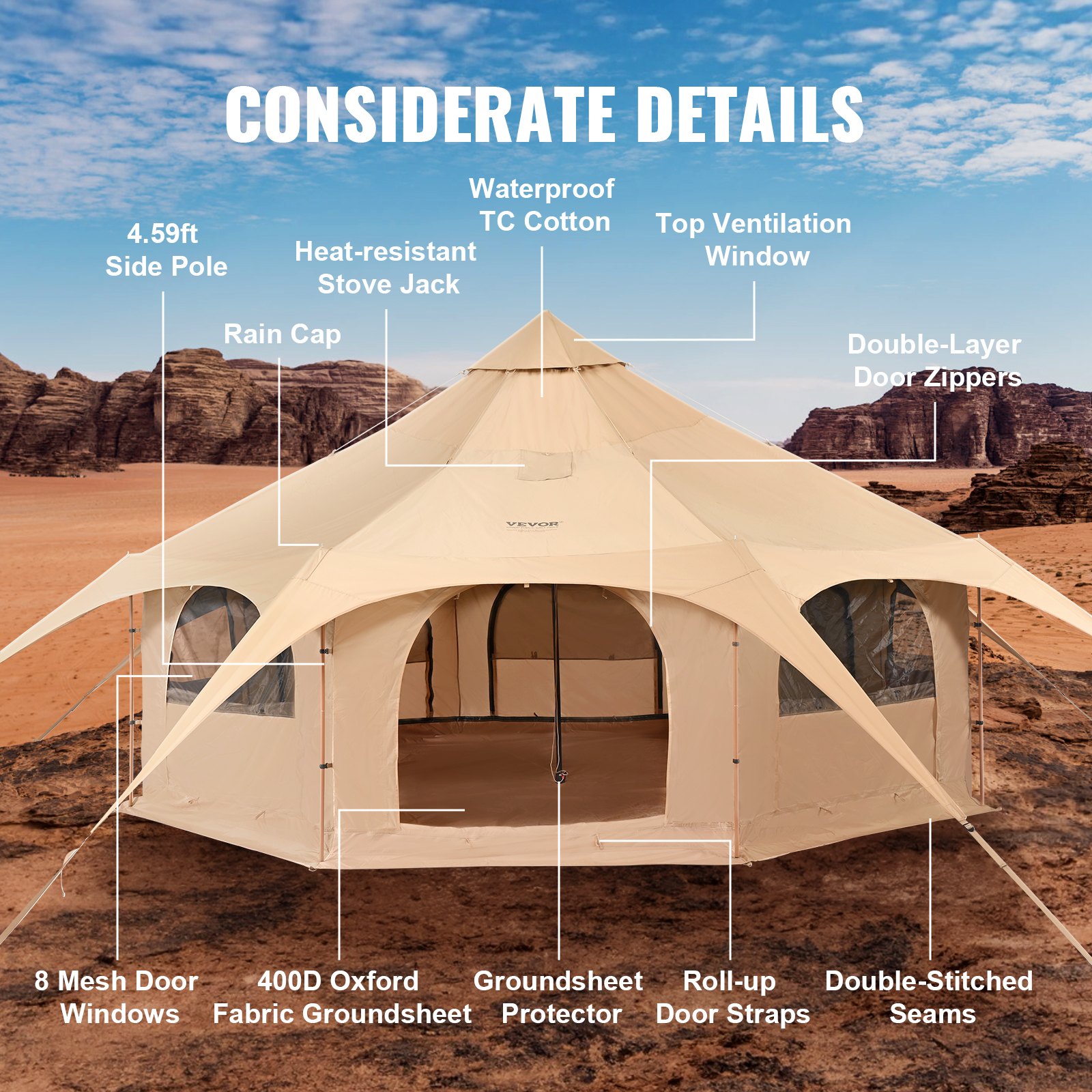 Canvas Tent 4 Seasons 5 m/16.4 ft Bell Tent for Camping with Stove Jack 7 Canvas Tent 4 Seasons 5 m/16.4 ft Bell Tent for Camping with Stove Jack - Image 7
