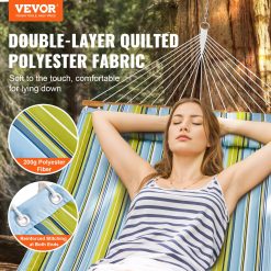 Alternative view of Double Quilted Fabric Hammock, 12 FT Double Hammock with Hardwood Spreader Bars, 2 Person Quilted Hammock with Detachable Pillow and Chains for Camping Outdoor Patio Yard Beach, 480 lbs Capacity