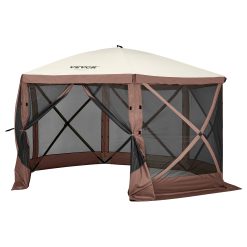 Pop Up Gazebo Tent, Pop-Up Screen Tent 6 Sided Canopy Sun Shelter with 6 Removable Privacy Wind Cloths & Mesh Windows, 11.5x11.5FT Quick Set Screen Tent with Mosquito Netting, Brown