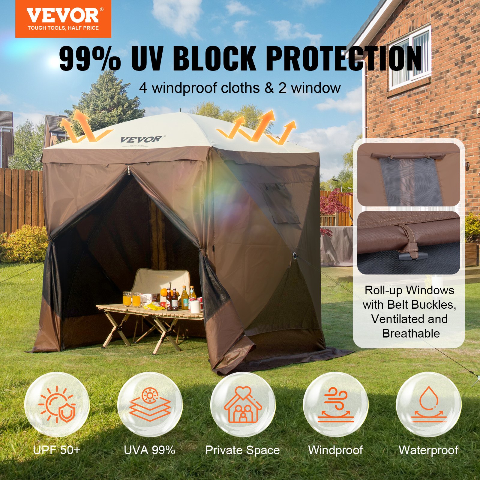 Pop Up Gazebo Tent, Pop-Up Screen Tent 4 Sided Canopy Sun Shelter with 4 Removable Privacy Wind Cloths & Mesh Windows, 6x6FT Quick Set Screen Tent with Mosquito Netting, Brown 2 Pop Up Gazebo Tent, Pop-Up Screen Tent 4 Sided Canopy Sun Shelter with 4 Removable Privacy Wind Cloths & Mesh Windows, 6x6FT Quick Set Screen Tent with Mosquito Netting, Brown - Image 2