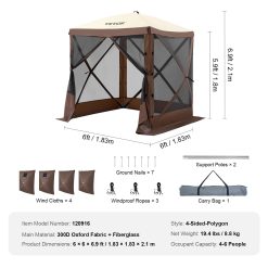 Pop Up Gazebo Tent, Pop-Up Screen Tent 4 Sided Canopy Sun Shelter with 4 Removable Privacy Wind Cloths & Mesh Windows, 6x6FT Quick Set Screen Tent with Mosquito Netting, Brown 17 V952 ZPSLTZS6X6FTW9616V0 202510131021 06