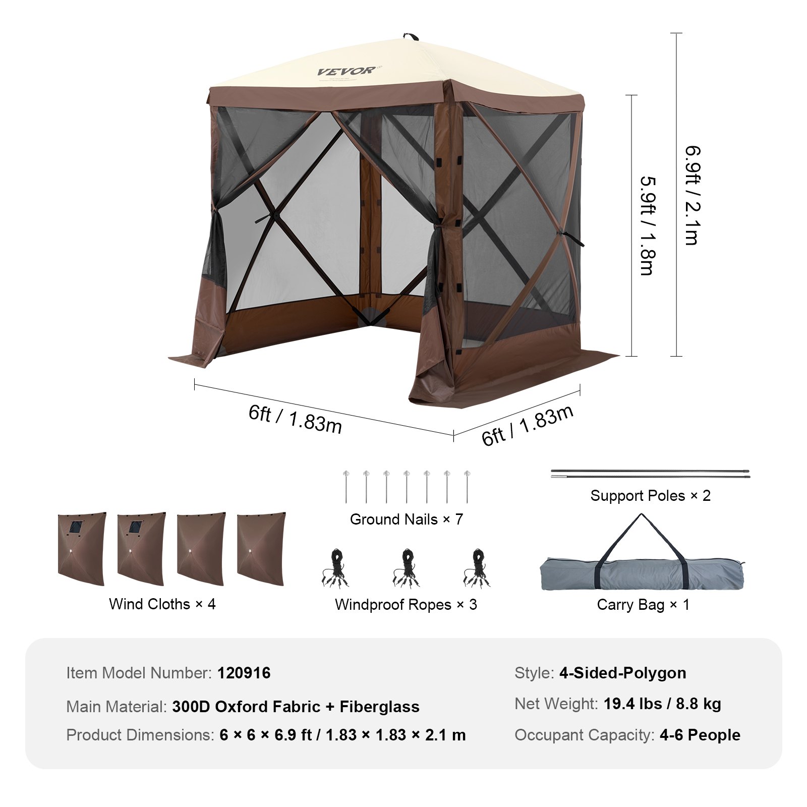 Pop Up Gazebo Tent, Pop-Up Screen Tent 4 Sided Canopy Sun Shelter with 4 Removable Privacy Wind Cloths & Mesh Windows, 6x6FT Quick Set Screen Tent with Mosquito Netting, Brown 7 Pop Up Gazebo Tent, Pop-Up Screen Tent 4 Sided Canopy Sun Shelter with 4 Removable Privacy Wind Cloths & Mesh Windows, 6x6FT Quick Set Screen Tent with Mosquito Netting, Brown - Image 7