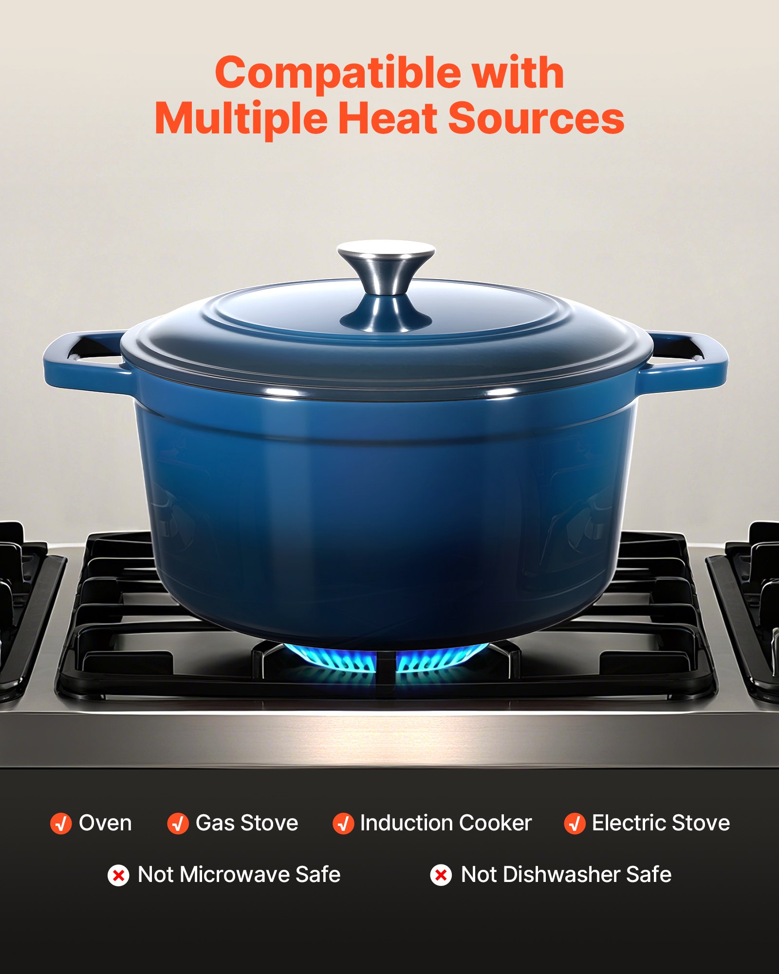 Enameled Cast Iron Dutch Oven, 5.7L Pot with Lid and Dual Handles, Heavy-Duty Durable Cookware Pan, Oven Induction Compatible up to 260 ℃, for Braising, Stews, Roasting, Bread Baking, Blue 4 Enameled Cast Iron Dutch Oven, 5.7L Pot with Lid and Dual Handles, Heavy-Duty Durable Cookware Pan, Oven Induction Compatible up to 260 ℃, for Braising, Stews, Roasting, Bread Baking, Blue - Image 4