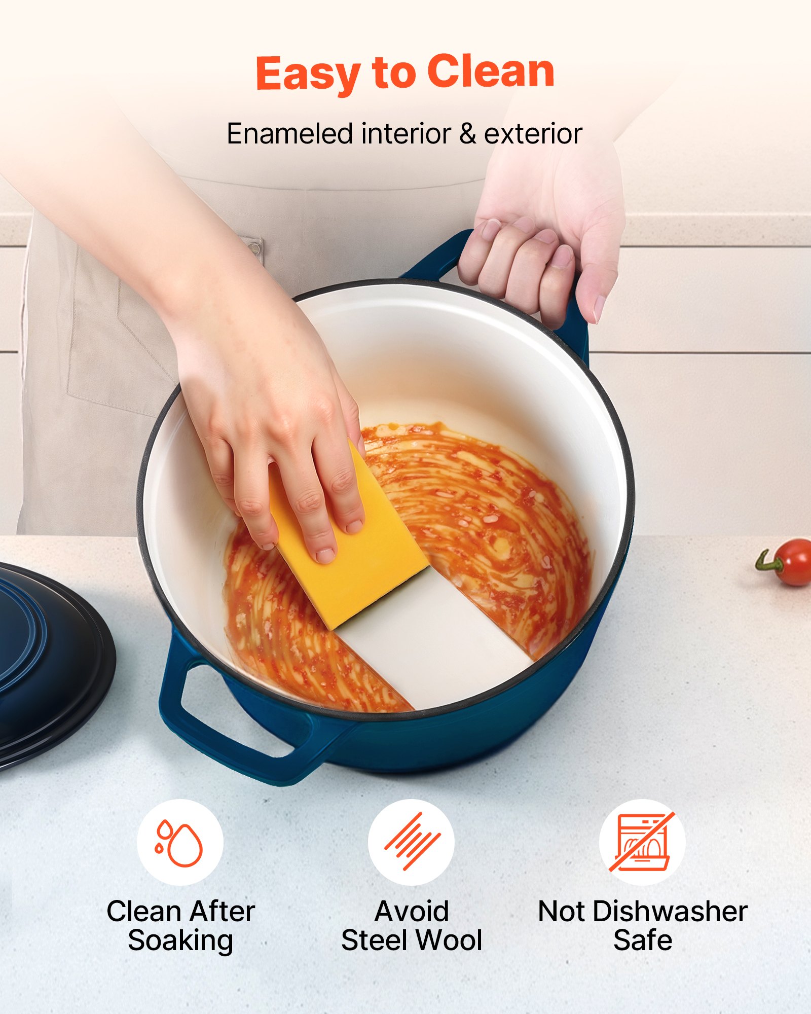 Enameled Cast Iron Dutch Oven, 5.7L Pot with Lid and Dual Handles, Heavy-Duty Durable Cookware Pan, Oven Induction Compatible up to 260 ℃, for Braising, Stews, Roasting, Bread Baking, Blue 5 Enameled Cast Iron Dutch Oven, 5.7L Pot with Lid and Dual Handles, Heavy-Duty Durable Cookware Pan, Oven Induction Compatible up to 260 ℃, for Braising, Stews, Roasting, Bread Baking, Blue - Image 5