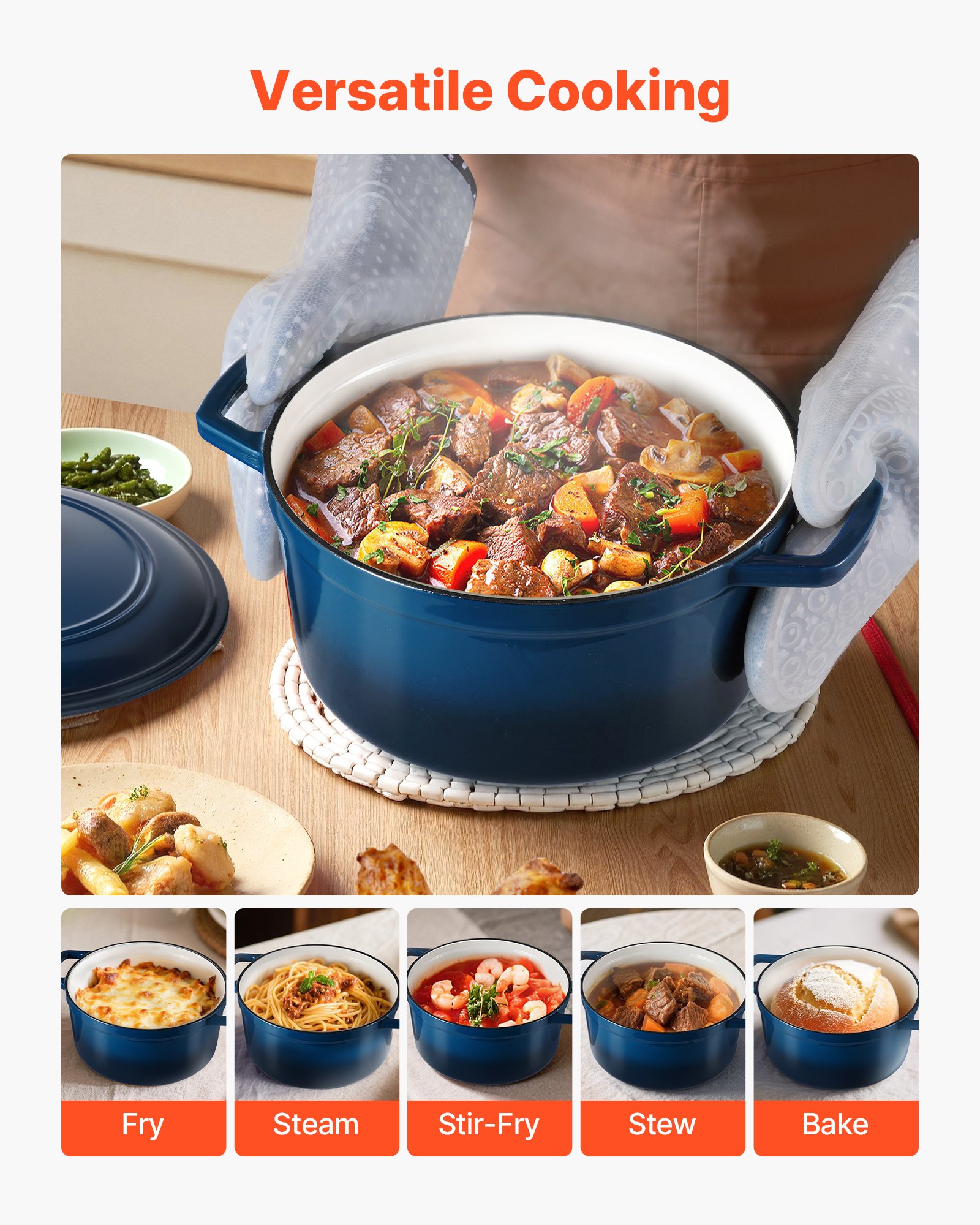 Enameled Cast Iron Dutch Oven, 5.7L Pot with Lid and Dual Handles, Heavy-Duty Durable Cookware Pan, Oven Induction Compatible up to 260 ℃, for Braising, Stews, Roasting, Bread Baking, Blue 6 Enameled Cast Iron Dutch Oven, 5.7L Pot with Lid and Dual Handles, Heavy-Duty Durable Cookware Pan, Oven Induction Compatible up to 260 ℃, for Braising, Stews, Roasting, Bread Baking, Blue - Image 6