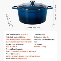 Enameled Cast Iron Dutch Oven, 5.7L Pot with Lid and Dual Handles, Heavy-Duty Durable Cookware Pan, Oven Induction Compatible up to 260 ℃, for Braising, Stews, Roasting, Bread Baking, Blue 17 V952 ZTHLKX6QTTCT7F6PS001V0 202601141525 06