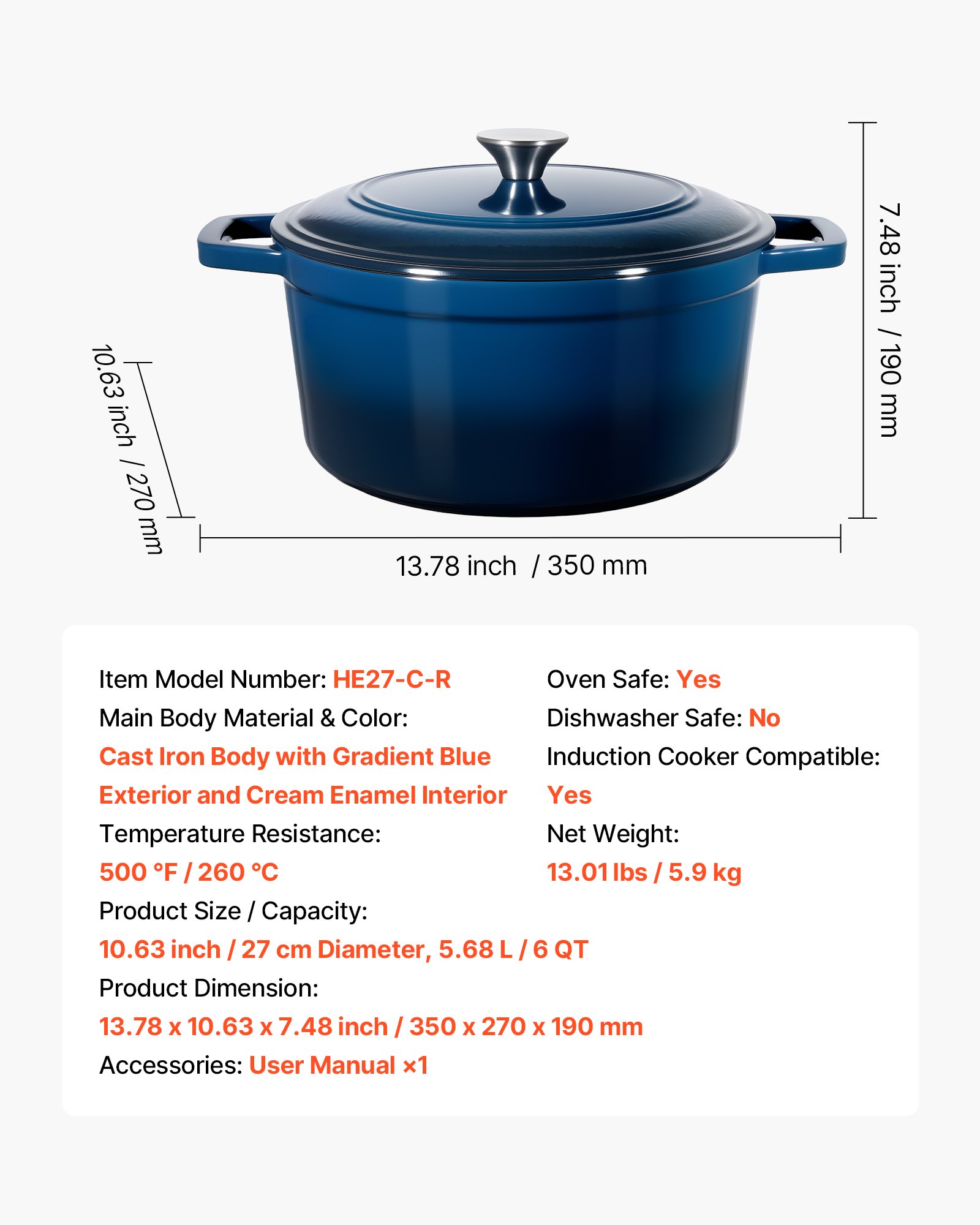 Enameled Cast Iron Dutch Oven, 5.7L Pot with Lid and Dual Handles, Heavy-Duty Durable Cookware Pan, Oven Induction Compatible up to 260 ℃, for Braising, Stews, Roasting, Bread Baking, Blue 7 Enameled Cast Iron Dutch Oven, 5.7L Pot with Lid and Dual Handles, Heavy-Duty Durable Cookware Pan, Oven Induction Compatible up to 260 ℃, for Braising, Stews, Roasting, Bread Baking, Blue - Image 7