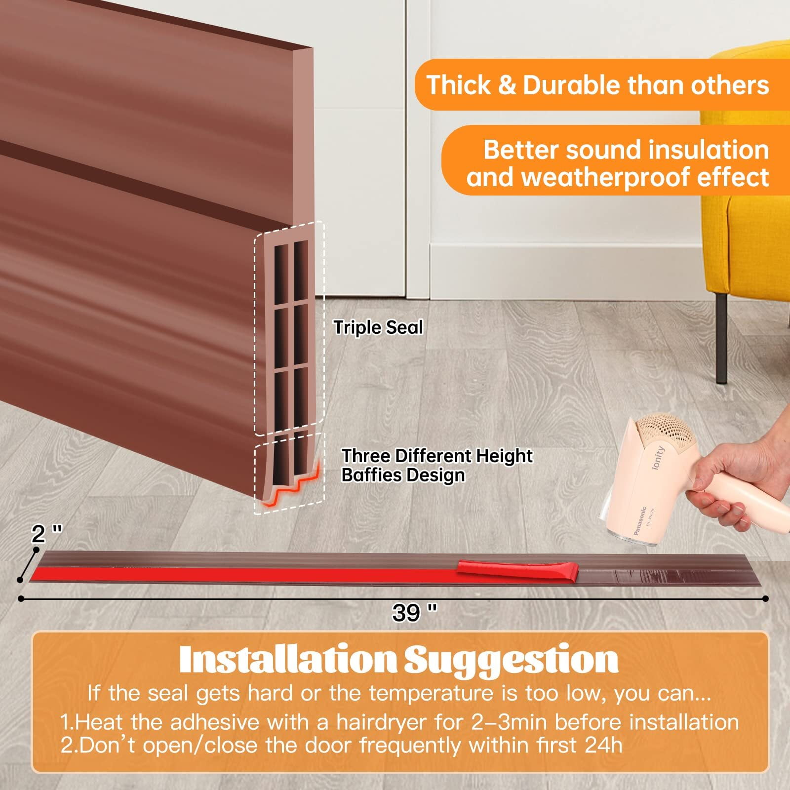 Door Draft Stopper, 37 Inch Under Door Sweep Bottom Blocker with Rubber Seal Strip, Under Door Seal for Exterior/Interior, Soundproof Weather Stripping Door Seal(White) 1PC Brown 3 Door Draft Stopper, 37 Inch Under Door Sweep Bottom Blocker with Rubber Seal Strip, Under Door Seal for Exterior/Interior, Soundproof Weather Stripping Door Seal(White) 1PC Brown - Image 3